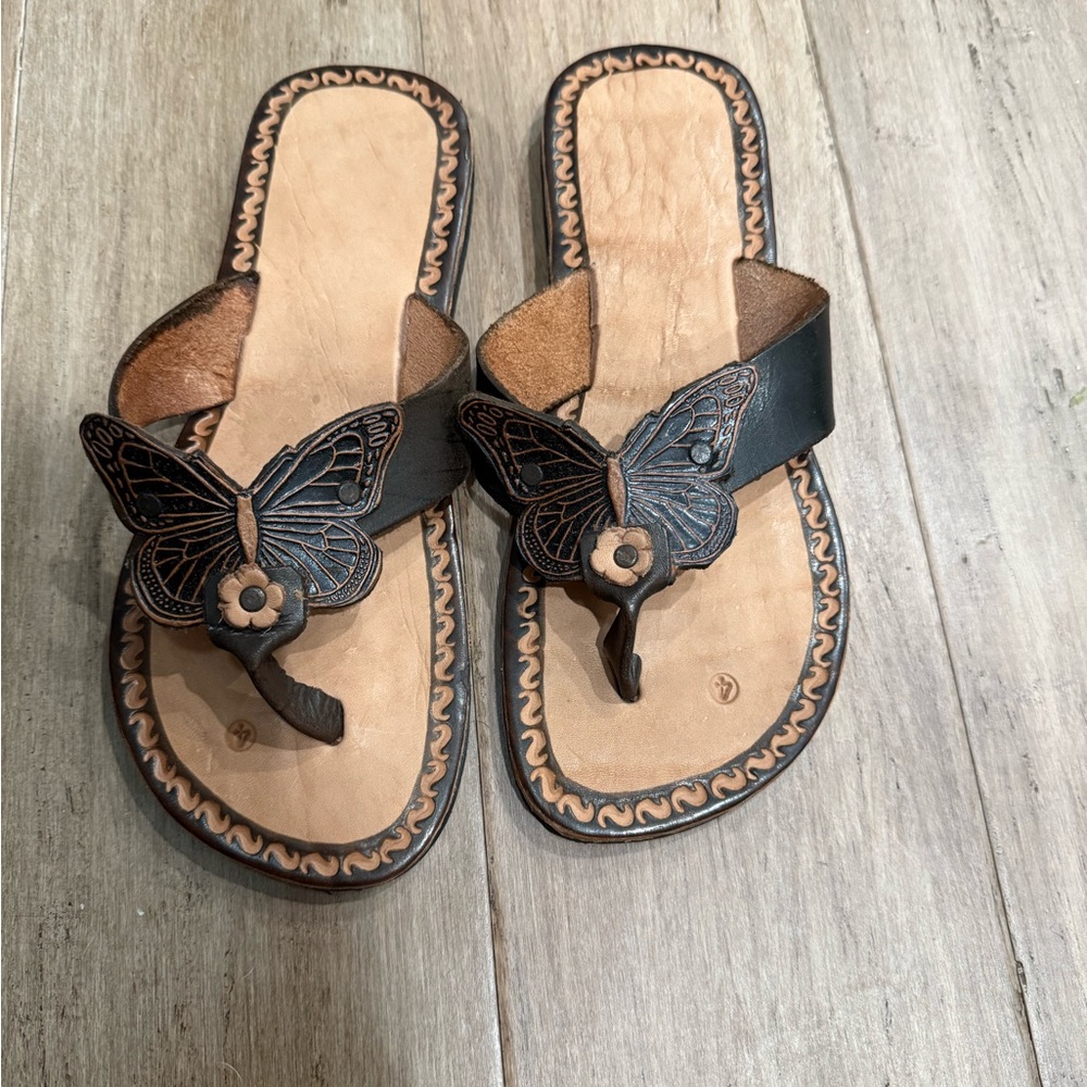 Butterfly Embellished Brown Leather Sandals